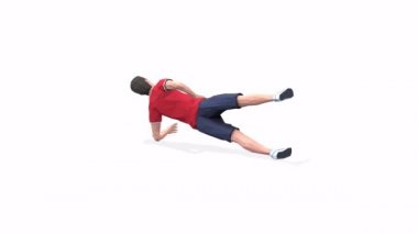 Side Plank with Leg RaiseMan animasyon 3D modeli kırmızı tişörtlü beyaz arka planda. Düşük Çoklu Biçim