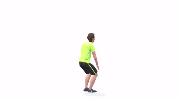 Прыжки Приседания Человек Упражнения Анимации Модель Белом Фоне Желтой Футболке — стоковое видео