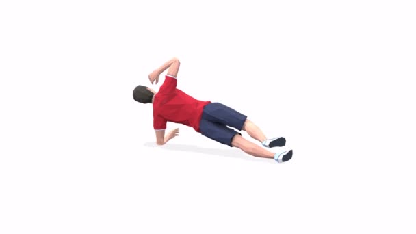Side Plank Knee Bend Man Осуществляет Анимацию Модель Белом Фоне — стоковое видео