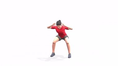 Kırmızı tişörtlü beyaz bir arka planda animasyon 3D modeli uygulayan çapraz kadın. Düşük Çoklu Stil Döndürülebilir kamera görüntüsü.