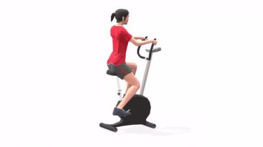  Bisikletli kadın kırmızı tişörtlü beyaz arka planda 3D animasyon modeli uyguluyor. Düşük Çoklu Stil Döndürülebilir kamera görüntüsü.