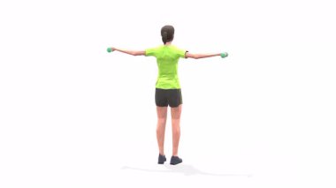 Omuz yükseltme Kadın animasyon 3D model Sarı tişörtlü beyaz arka plan. Düşük Çoklu Biçim