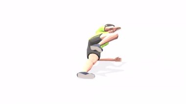 Yan yatay dizli kadın animasyon 3D modelini sarı tişörtlü beyaz arka planda kullanıyor. Düşük Çoklu Biçim