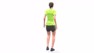 Dinlen PoseWoman Animasyon 3D modeli üzerinde sarı tişörtlü beyaz bir arka plan. Düşük Çoklu Biçim