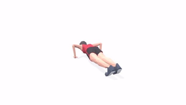 俯卧撑女人在红色T恤的白色背景上锻炼动画3D模型 低保利风格可旋转相机视图 — 图库视频影像