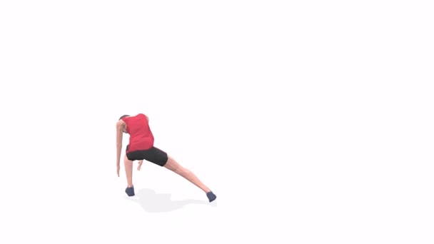 步骤Side女士在红色T恤的白色背景上锻炼动画3D模型 低保利风格可旋转相机视图 — 图库视频影像