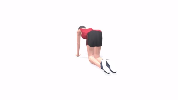 背部伸展女性运动动画3D模型在白色背景的红色T恤 低保利风格可旋转相机视图 — 图库视频影像