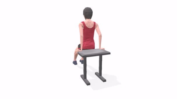 俯卧撑女士在红色T恤的白色背景上锻炼动画3D模型 低保利风格可旋转相机视图 — 图库视频影像