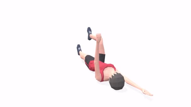 死亡女侠在红色T恤的白色背景上锻炼动画3D模型 低保利风格可旋转相机视图 — 图库视频影像