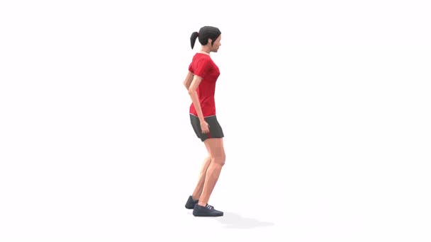 休息的女人穿着红色T恤 穿着白色背景的动画3D模特 低保利风格可旋转相机视图 — 图库视频影像