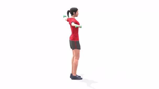 侧板向上和向下的女人运动动画3D模型在白色背景的红色T恤 低保利风格可旋转相机视图 — 图库视频影像