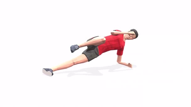 侧板膝盖女人们穿着红色T恤 在白色背景上锻炼动画3D模型 低保利风格可旋转相机视图 — 图库视频影像