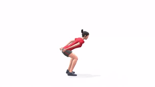 侧板高腿女子运动动画3D模型在白色背景的红色T恤 低保利风格可旋转相机视图 — 图库视频影像