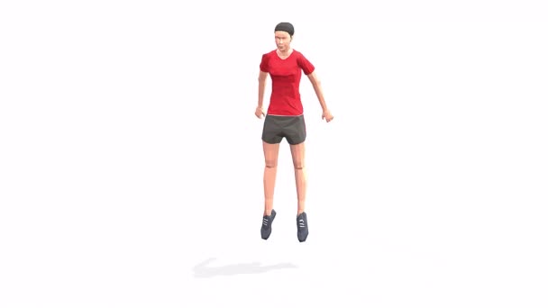 Sqaat跳跃女士在红色T恤的白色背景上锻炼动画3D模型 低保利风格可旋转相机视图 — 图库视频影像