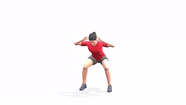 Sqaat交叉女人运动动画3D模型在一个白色背景的红色T恤 低保利风格可旋转相机视图 — 图库视频影像