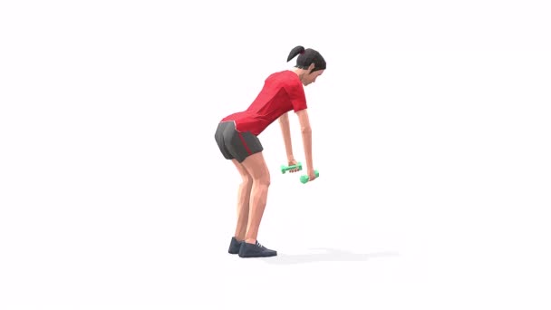 弯腰提起女人运动动画3D模型在白色背景的红色T恤 低保利风格可旋转相机视图 — 图库视频影像