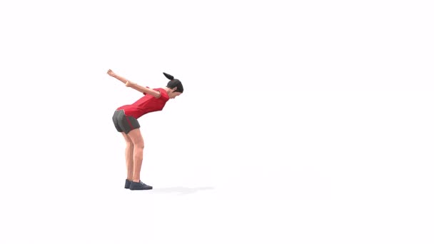 跳板与洗牌妇女运动动画3D模型在白色背景的红色T恤 低保利风格可旋转相机视图 — 图库视频影像
