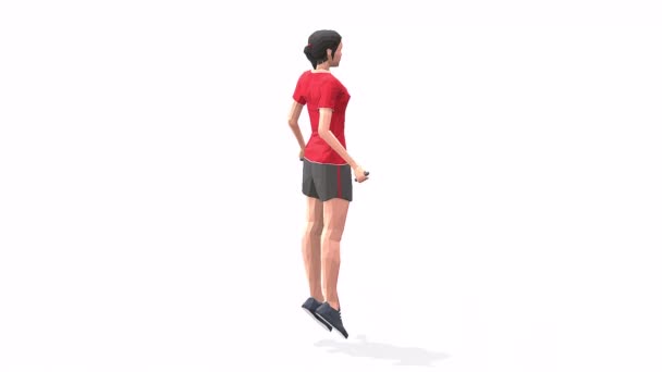 跳绳女人穿着红色T恤 在白色背景上锻炼动画3D模型 低保利风格可旋转相机视图 — 图库视频影像