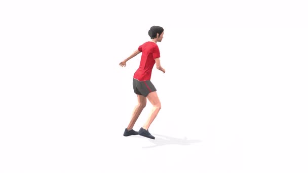 侧身跳跃女人在红色T恤的白色背景上锻炼动画3D模型 低保利风格可旋转相机视图 — 图库视频影像