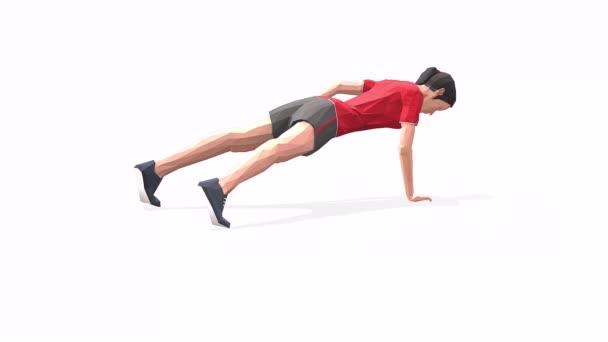 单臂俯卧撑女人在红色T恤的白色背景上锻炼动画3D模型 低保利风格可旋转相机视图 — 图库视频影像