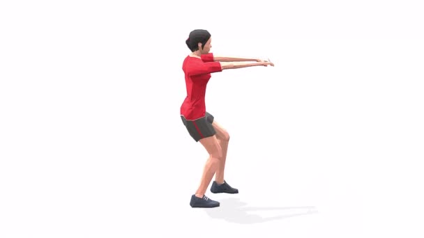 Pistol Knäböj Kvinna Motion Animation Modell Vit Bakgrund Röd Shirt — Stockvideo