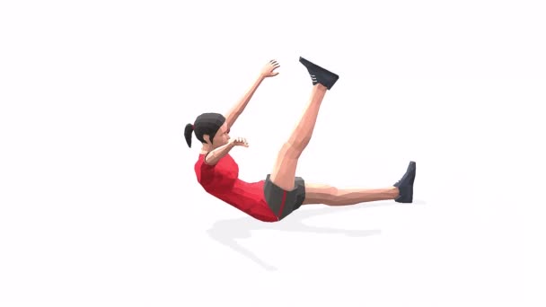 在红色T恤的白色背景上 对手对脚触摸妇女运动动画3D模型 低保利风格可旋转相机视图 — 图库视频影像