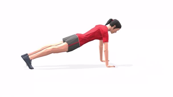 普朗克Ins Woman Plank Ins Woman 在红色T恤的白色背景上锻炼动画3D模型 低保利风格可旋转相机视图 — 图库视频影像
