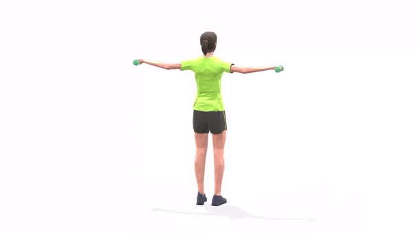 肩举妇女运动动画3D模型在白色背景的黄色T恤 低波莉风格 — 图库视频影像