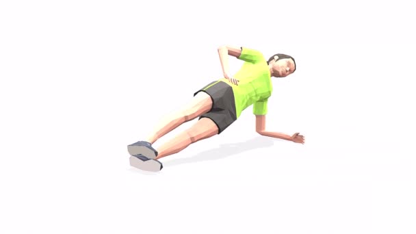 侧板高腿女子运动动画3D模型在白色背景的黄色T恤 低波莉风格 — 图库视频影像