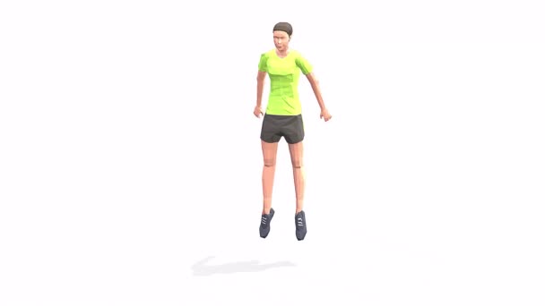 スクワットジャンプ黄色のTシャツの白い背景に女性の運動アニメーション3Dモデル 低保利式 — ストック動画