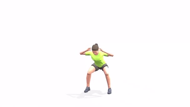 Sqaat交叉肘部女人在黄色T恤的白色背景上锻炼动画3D模型 低波莉风格 — 图库视频影像