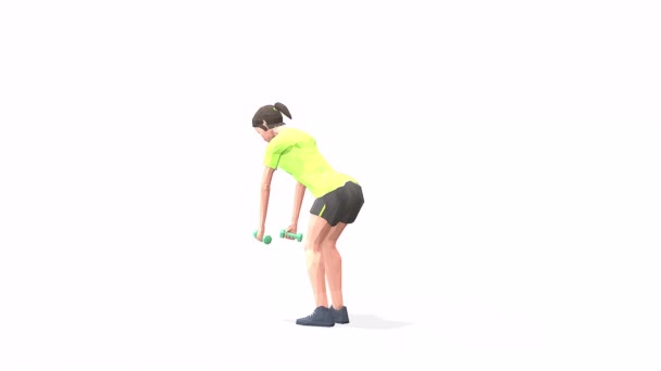 弯下腰在黄色T恤的白色背景上升起女人运动动画3D模型 低波莉风格 — 图库视频影像