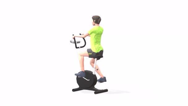 骑自行车的女人穿着黄色T恤 在白色背景上锻炼动画3D模型 低波莉风格 — 图库视频影像