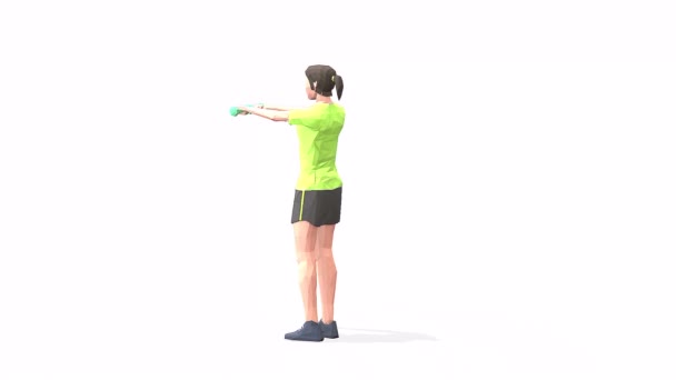 前移女性运动动画3D模型在白色背景的黄色T恤 低波莉风格 — 图库视频影像