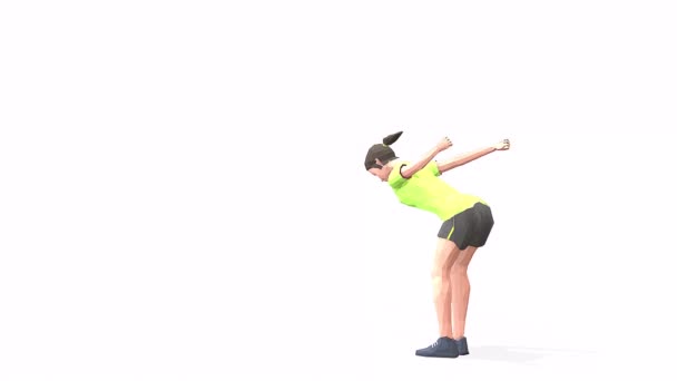 宽跳跃与洗牌后的女人运动动画3D模型在白色背景的黄色T恤 低波莉风格 — 图库视频影像