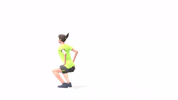 青蛙跳跃女人在黄色T恤的白色背景上锻炼动画3D模型 低波莉风格 — 图库视频影像