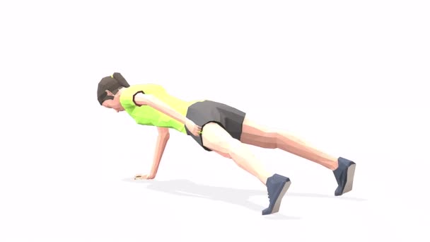 一只胳膊俯卧撑女人穿着黄色T恤 在白色背景上锻炼动画3D模型 低波莉风格 — 图库视频影像