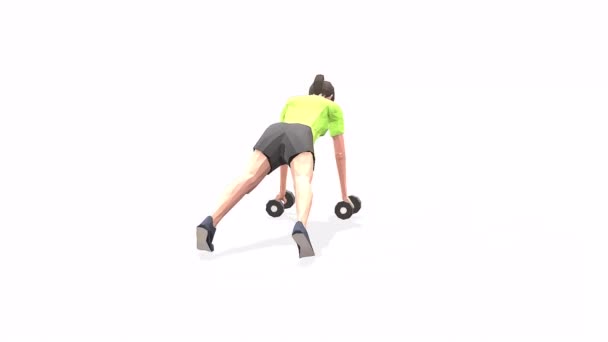 俯卧撑前进的女人在黄色T恤的白色背景上锻炼动画3D模型 低波莉风格 — 图库视频影像