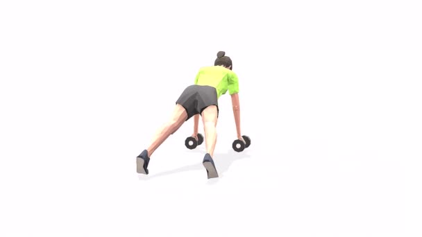 排行妇女在黄色T恤的白色背景上锻炼动画3D模型 低波莉风格 — 图库视频影像