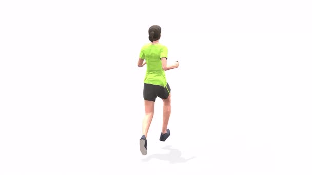 跑步妇女运动动画3D模型在白色背景的黄色T恤 低波莉风格 — 图库视频影像