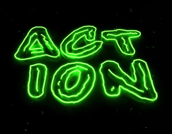 Actie Neon teken op zwarte achtergrond — Stockfoto