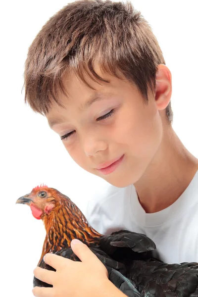 El chico con la gallina — Foto de Stock