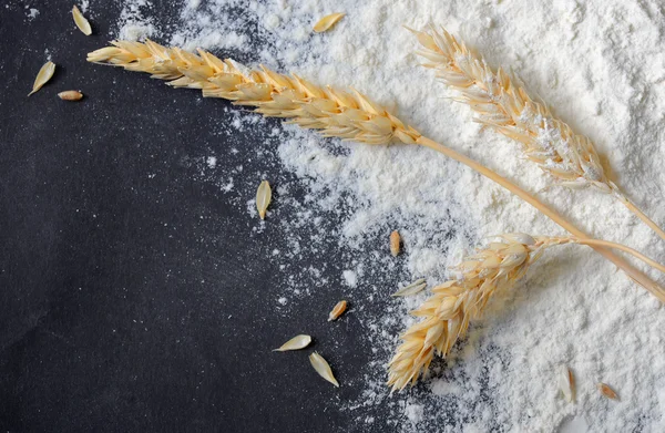 Whole flour and wheat ears — Stock Photo, Image