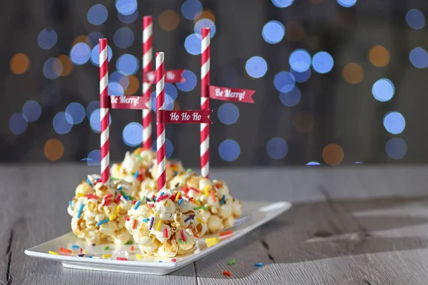 Holiday Popcorn Ball Confetti Sprinkles Lollipop — Stock Photo, Image