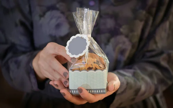 Donna Che Tiene Biscotti Pasticceria Fatti Casa Cioccolato Scatola Festiva — Foto Stock