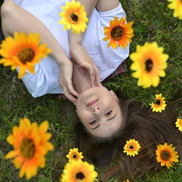 Porträtt Glad Fräsch Flicka Med Blommor Håret Fältet — Stockfoto