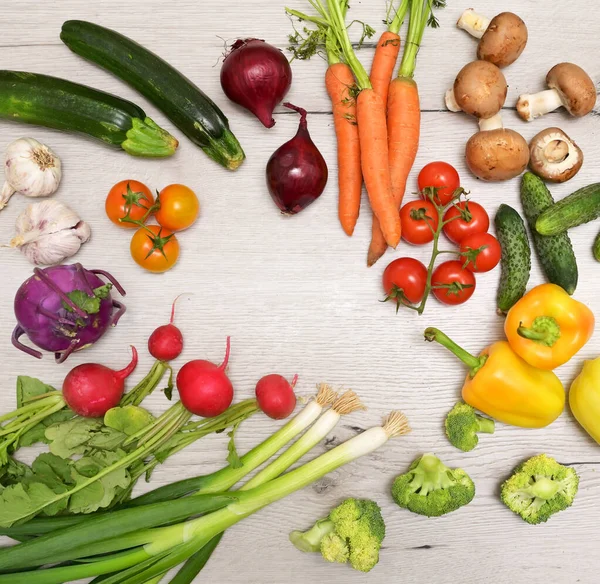 Different Fresh Vegetables Wooden Table Studio — Stock fotografie