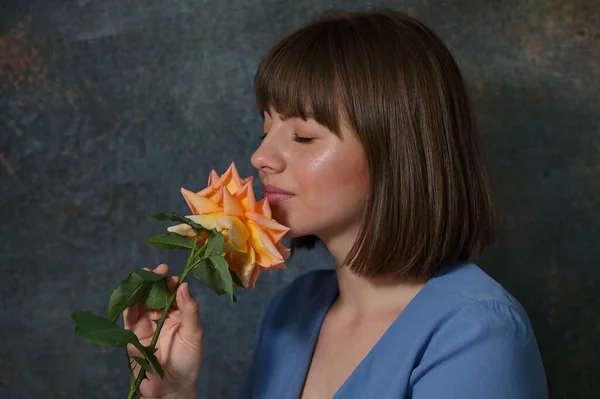 Conceptual Woman Holding Smell Rose Flower — Stock Photo, Image