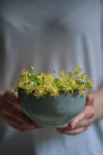 Nahaufnahme Junges Mädchen Mit Einer Tasse Lindenblumen — Stockfoto