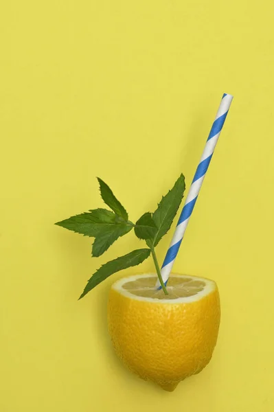 Limonata Limon Meyvesi Kağıt Kamış Nane Yaprakları — Stok fotoğraf